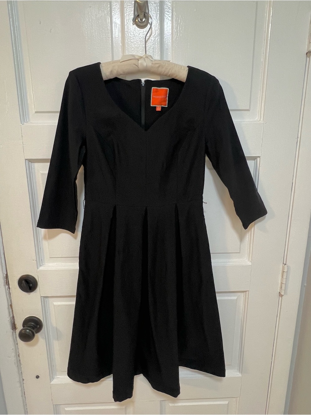 ModCloth Black V-Neck Fit-and-Flare Dress with Three-Quarter Sleeves